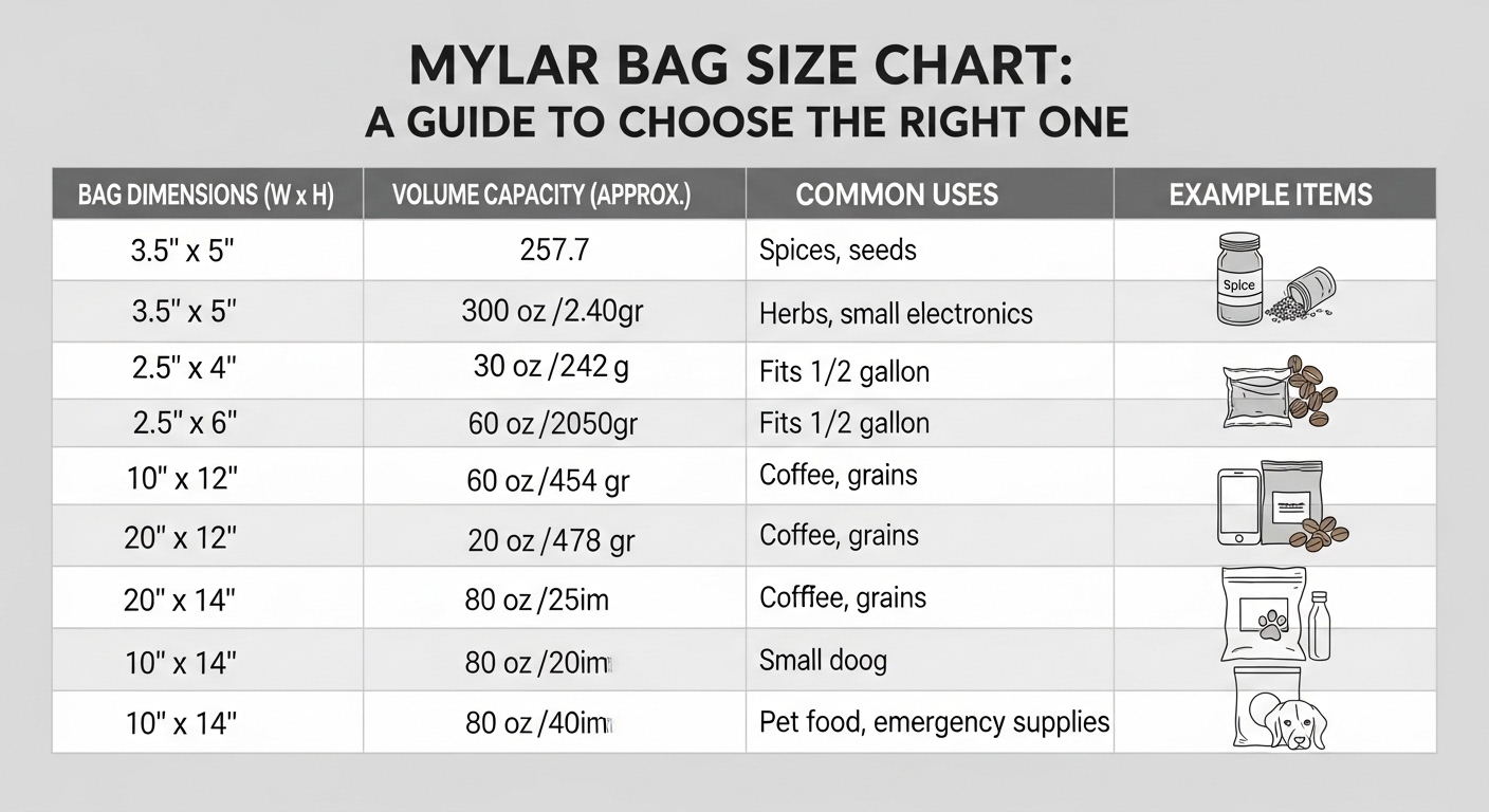 mylar bag size chart